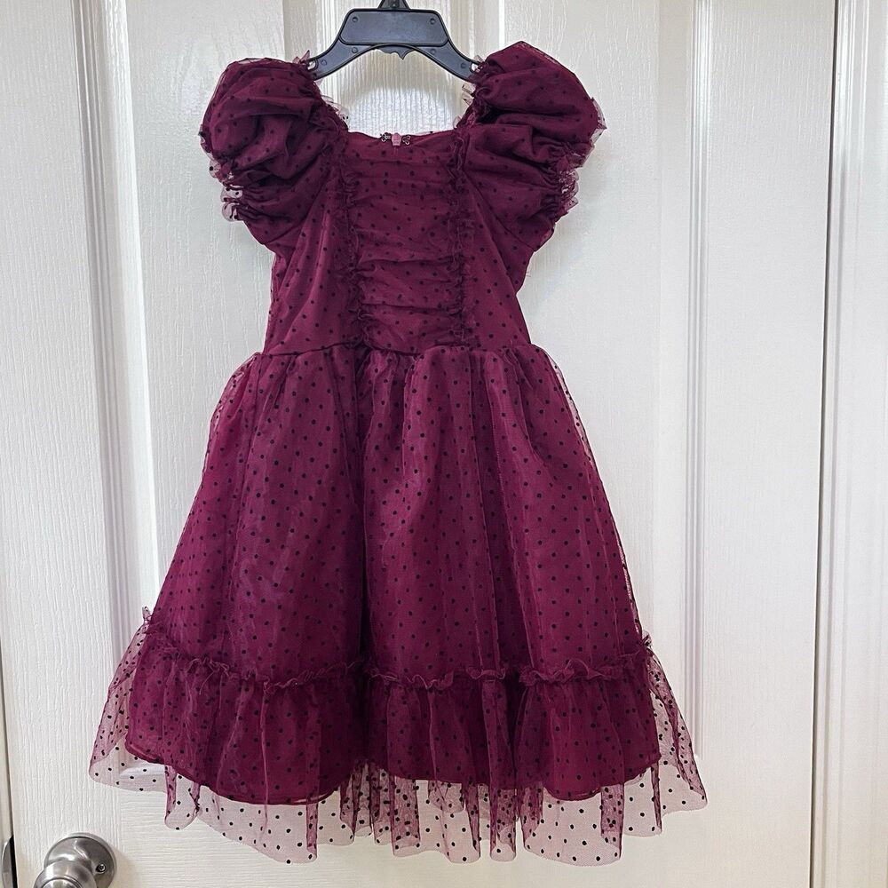 Mia Joy Joyfolie Burgundy Black Polka Dot Tulle Dress Puff Sleeve Girls Size 3